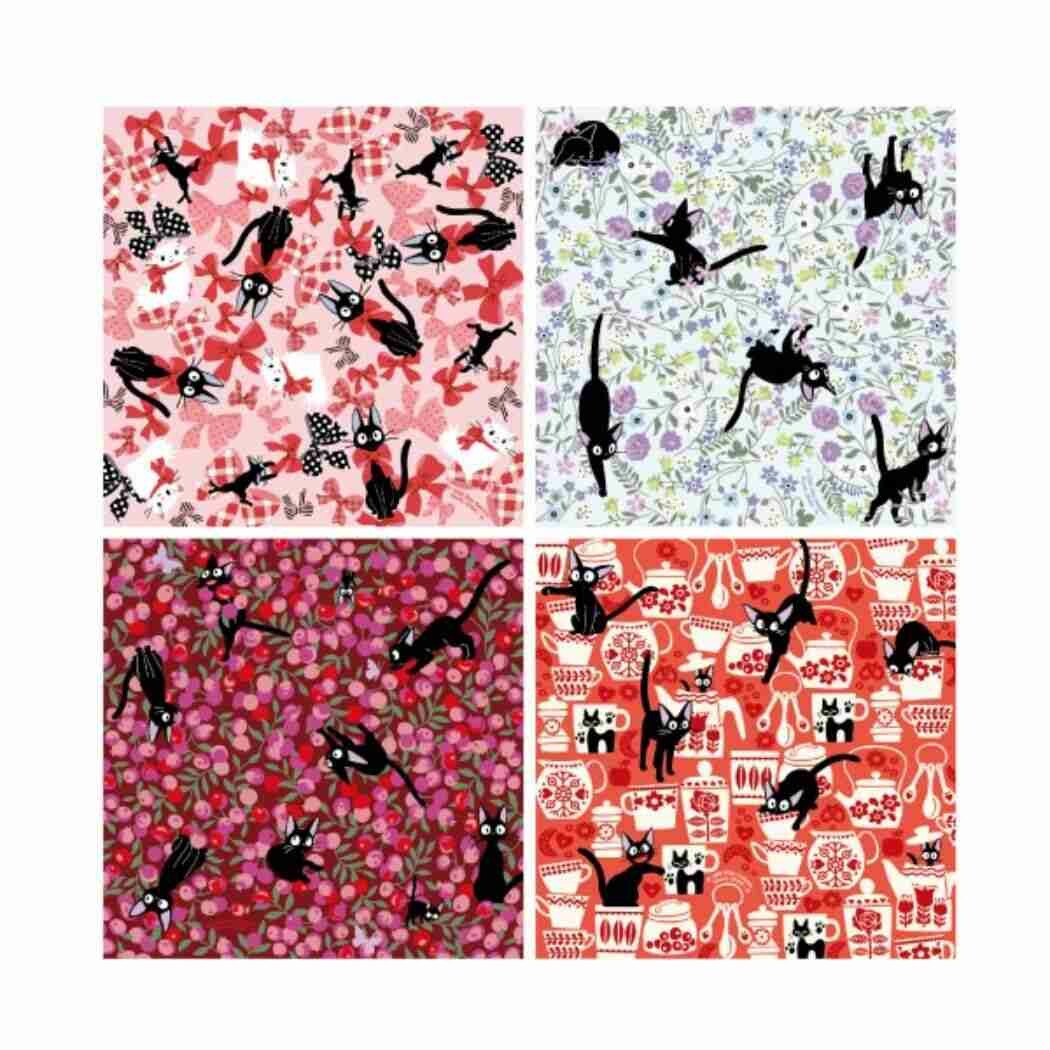 Four square origami papers arranged in a 2x2 grid, each featuring black cat silhouettes over a different patterned background: pink floral, white floral, pink berry/leaf, and red illustrated motifs.