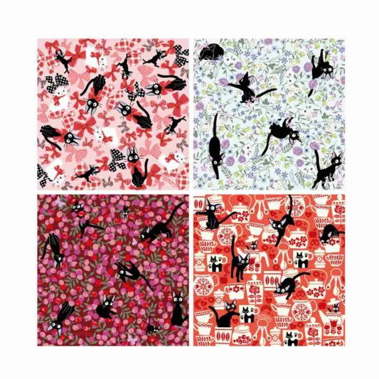 Four square origami papers arranged in a 2x2 grid, each featuring black cat silhouettes over a different patterned background: pink floral, white floral, pink berry/leaf, and red illustrated motifs.