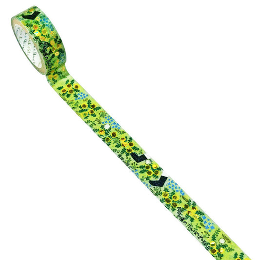 Decorative tape with floral pattern and text on a white background