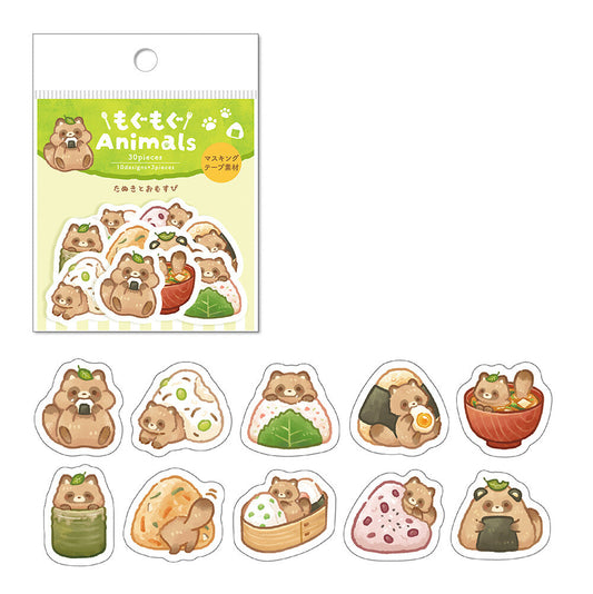 SAIEN - Flake Stickers - Animals - Tanuki and Rice Balls