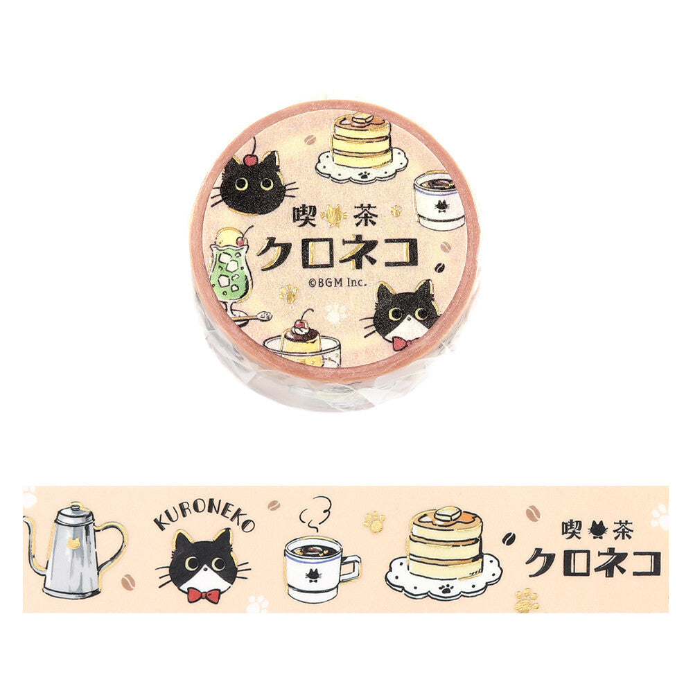 Washi tape with cat, coffee, and desserts illustrations on a white background