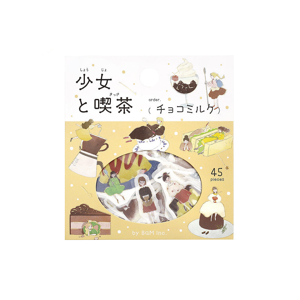 Sticker set packaging with illustrations of girls and cafe-themed items