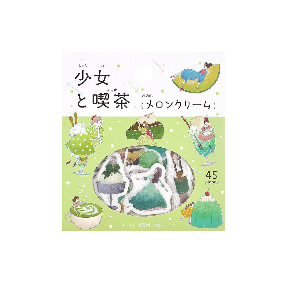 BGM Flake Stickers - Girl and Coffee Shop - Matcha and Melon Cream Soda