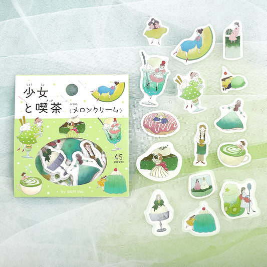 BGM Flake Stickers - Girl and Coffee Shop - Matcha and Melon Cream Soda