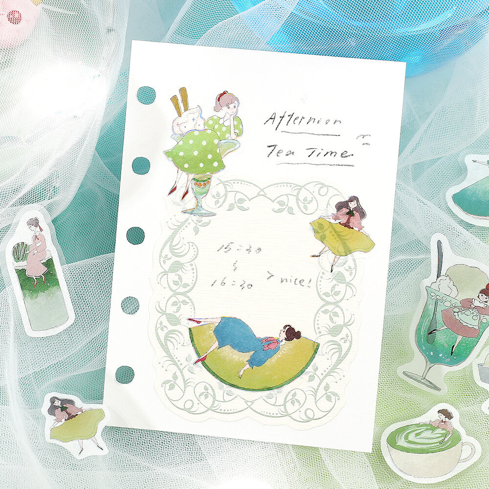 BGM Flake Stickers - Girl and Coffee Shop - Matcha and Melon Cream Soda