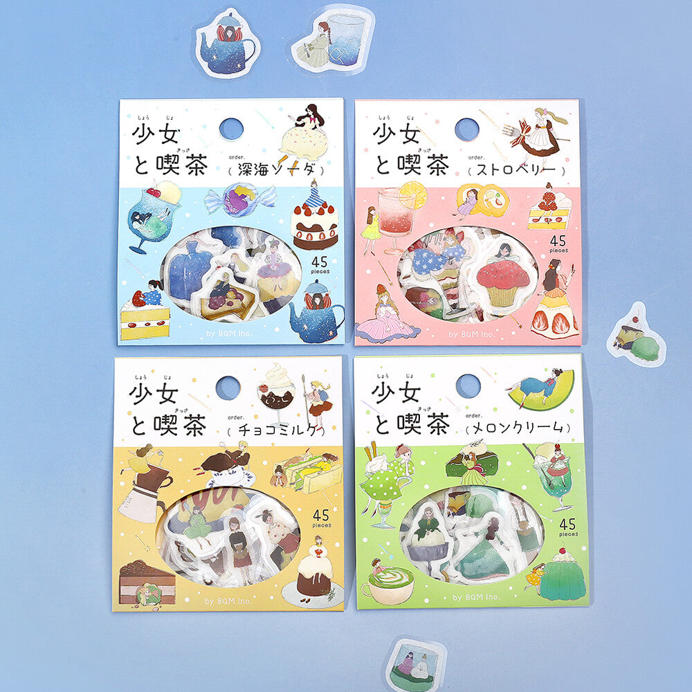 BGM Flake Stickers - Girl and Coffee Shop - Matcha and Melon Cream Soda