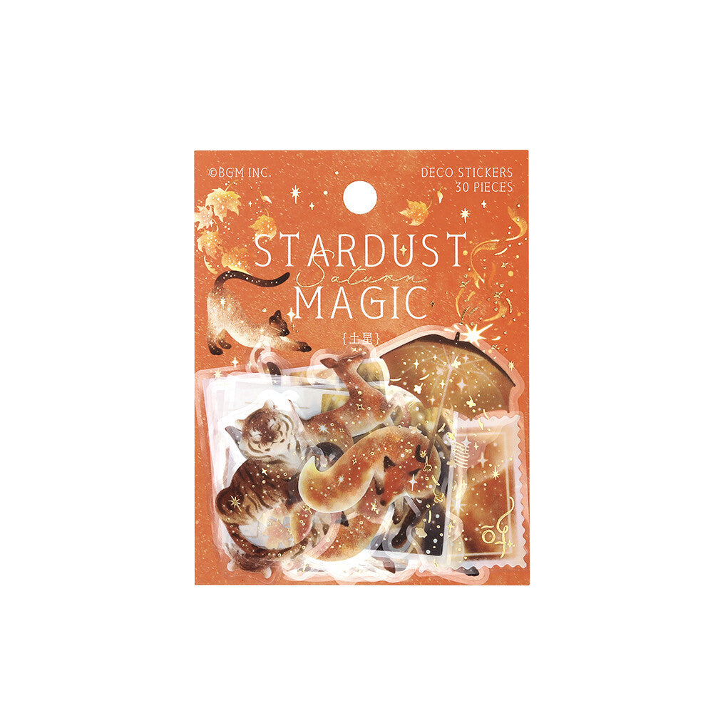 Pack of 'Stardust Magic' deco stickers with starry animal and magic illustrations on an orange background.
