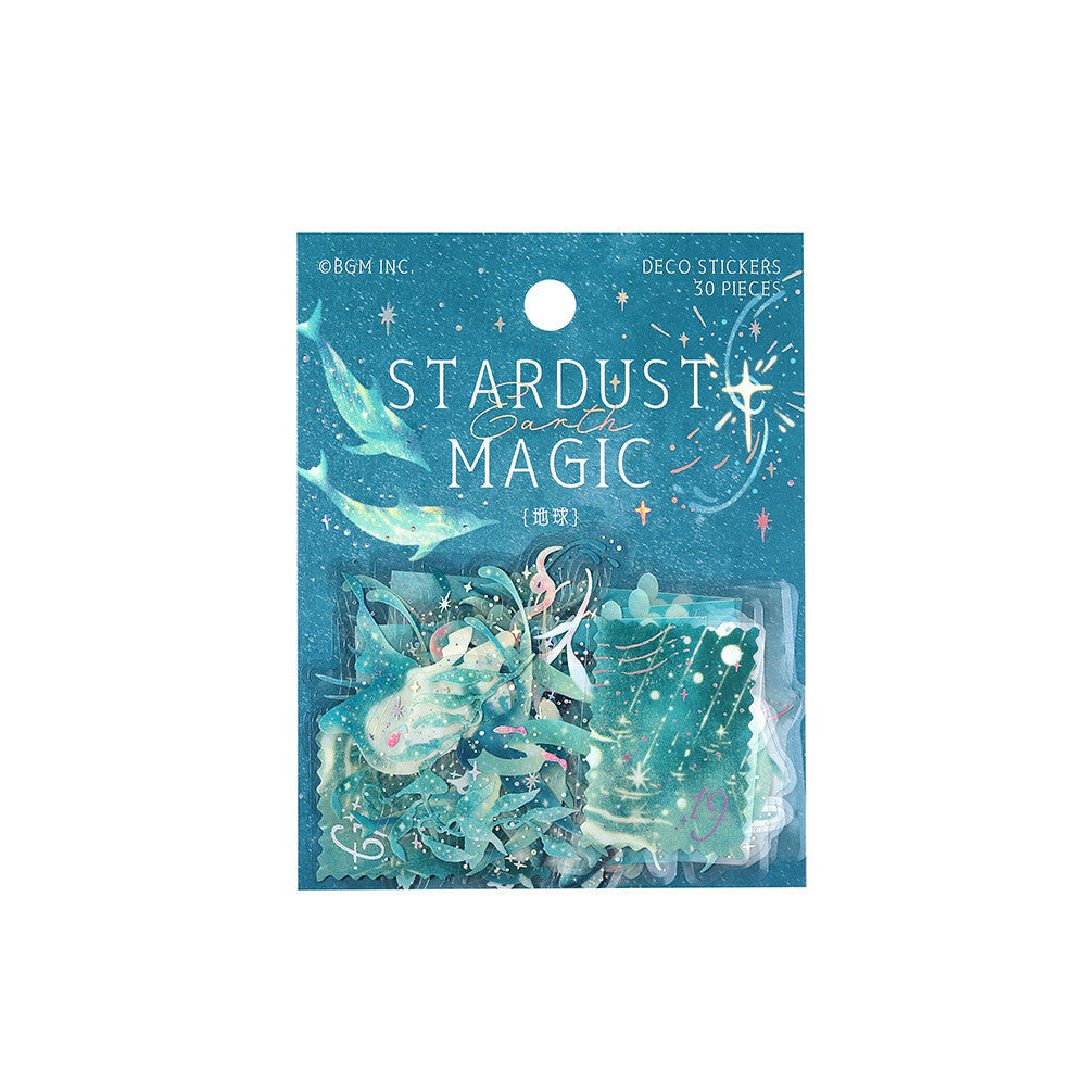 Pack of 'Stardust Magic' deco stickers with celestial designs on a blue background.