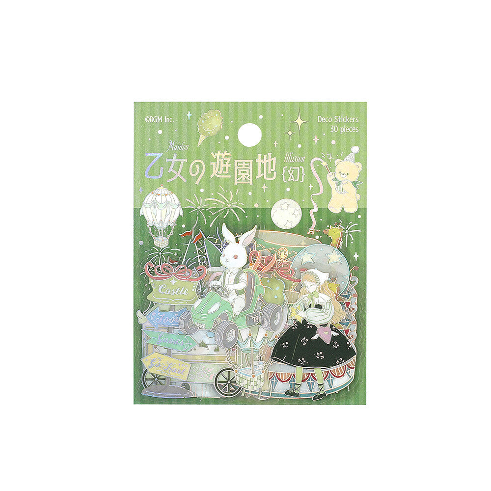Decorative stickers with young girl and fantasy amusement theme park designs