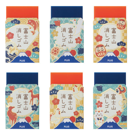 Six colorful Japanese eraser packages with Mount Fuji design.