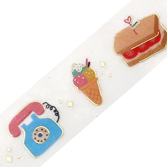 Decorative tape with cartoon phone, ice cream, and sandwich designs on a white background.