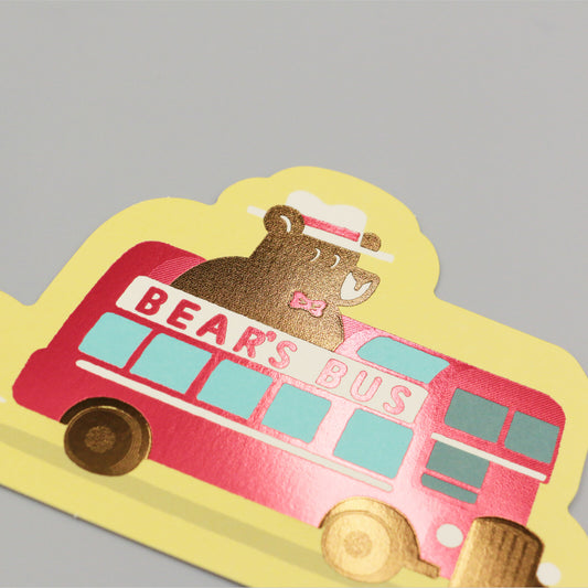 OB1TOY x ROKKAKU - Foil-Stamped Die-Cut Postcard - Bear's Travels - Bus Tours