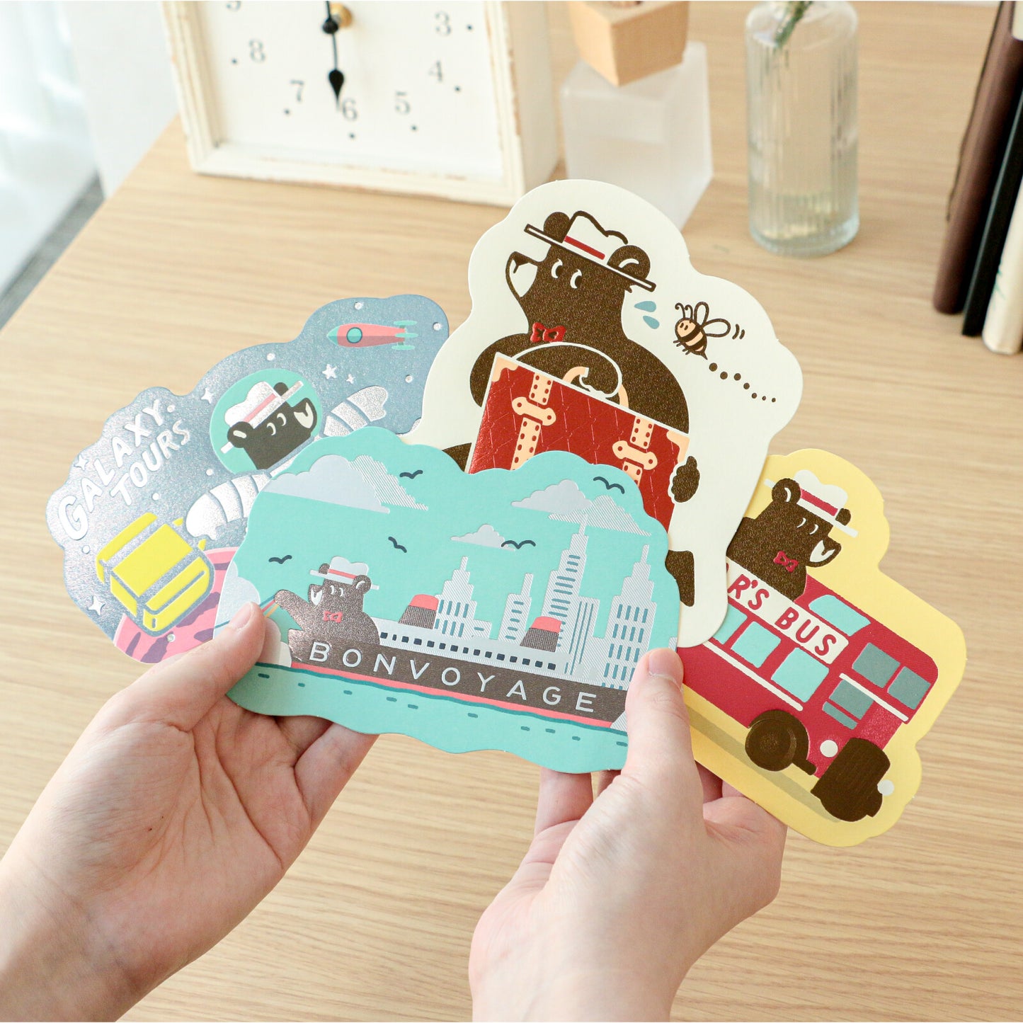 OB1TOY x ROKKAKU - Foil-Stamped Die-Cut Postcard - Bear's Travels - Ships Tours