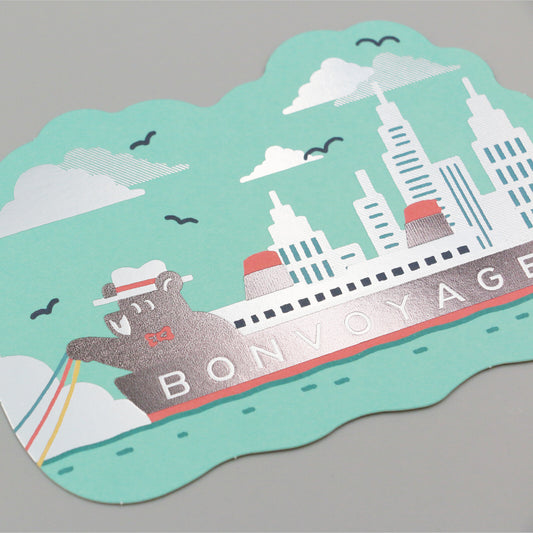 OB1TOY x ROKKAKU - Foil-Stamped Die-Cut Postcard - Bear's Travels - Ships Tours
