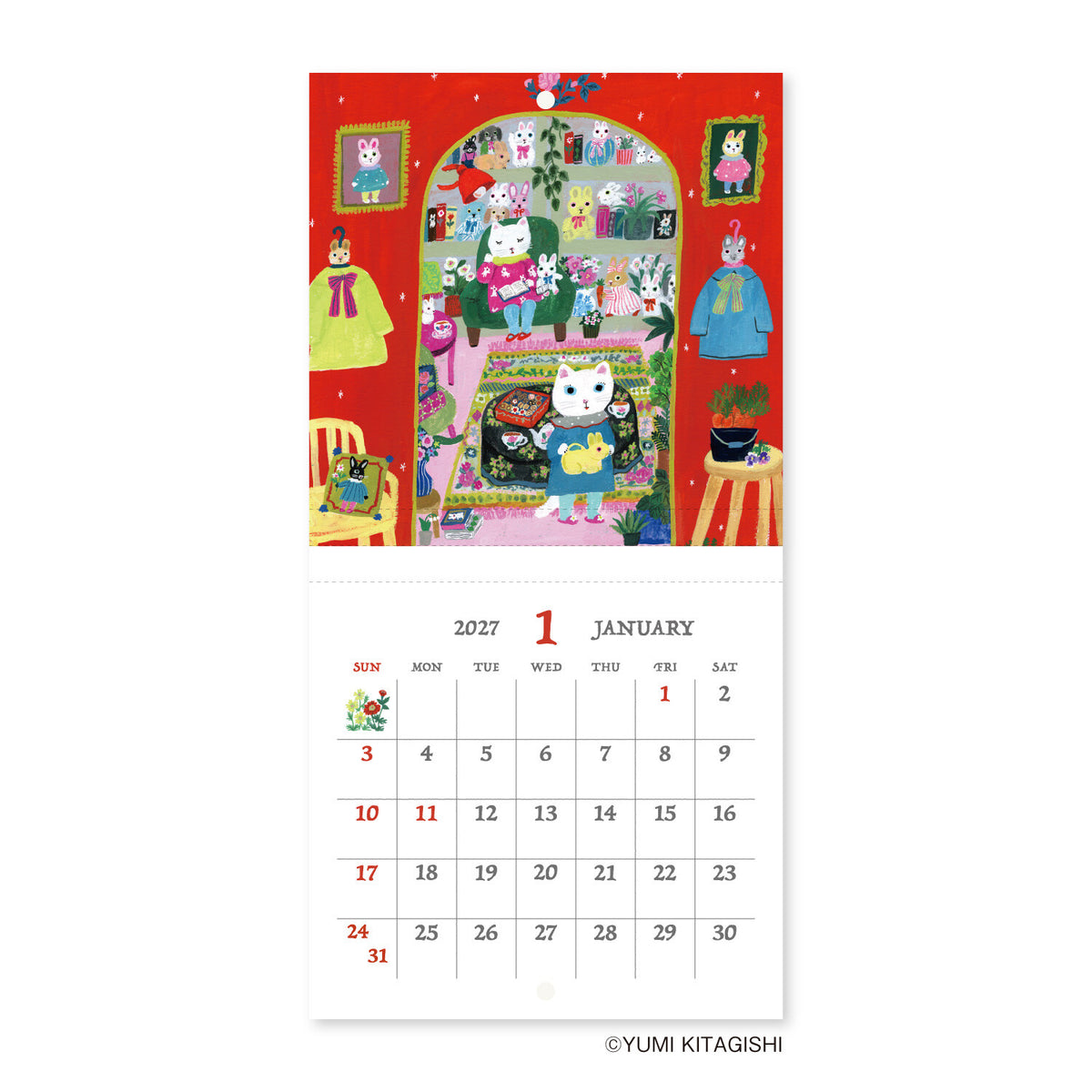 Calendar with a colorful design of cartoon cats on a red background, featuring the month of January 2027.