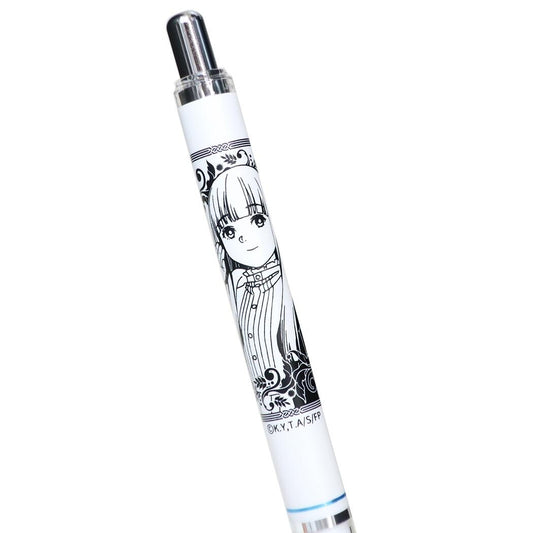 A white mechanical pencil featuring a black-and-white character illustration of Fern from Frieren: Beyond Journey's End on the barrel, with a silver-toned cap and clear end sections, shown on a plain white background.
