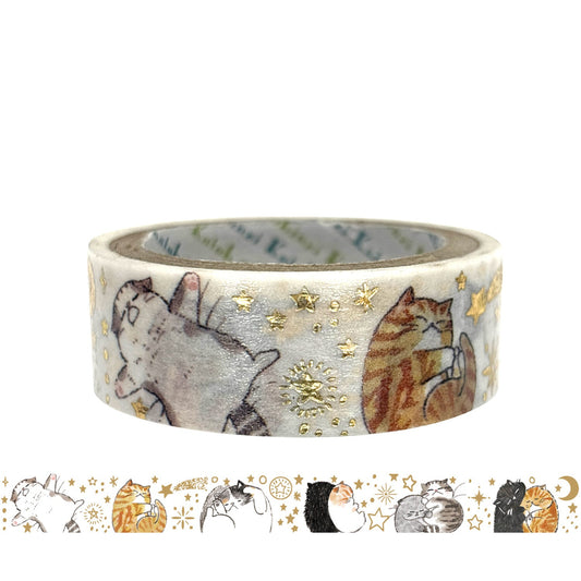 A roll of washi tape featuring a whimsical cat illustration pattern with gold foil stars and moons, shown on a white background with a strip preview along the bottom.