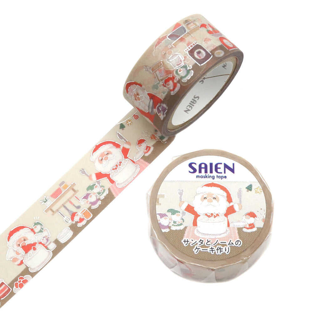 SAIEN - Limited Winter Edition 20mm Foil-Stamped Washi Tape - Santa and Elves Make a Cake!