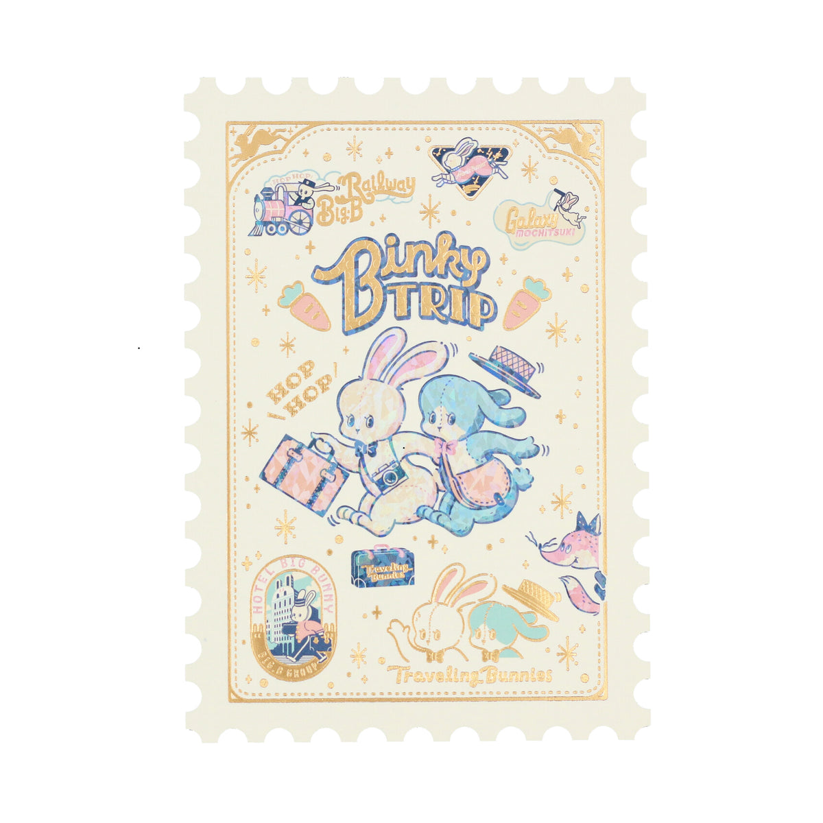 OB1TOY x ROKKAKU - Stamp-Shaped Foil-Embossed Postcard - Binky Trip