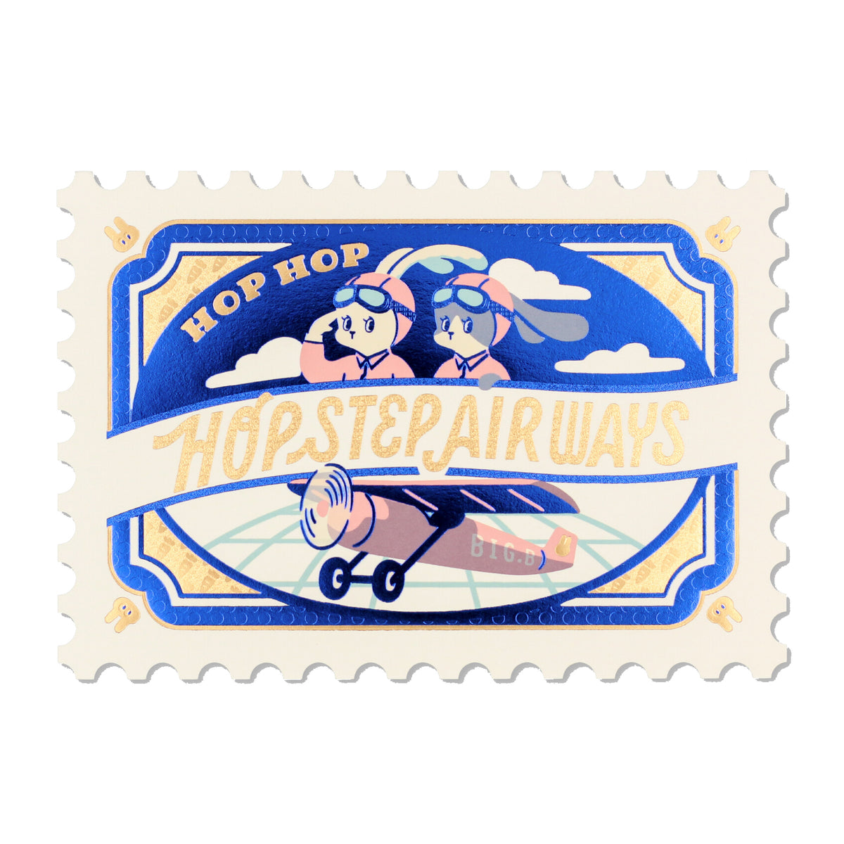 OB1TOY x ROKKAKU - Stamp-Shaped Foil-Embossed Postcard - Hop Step Airways
