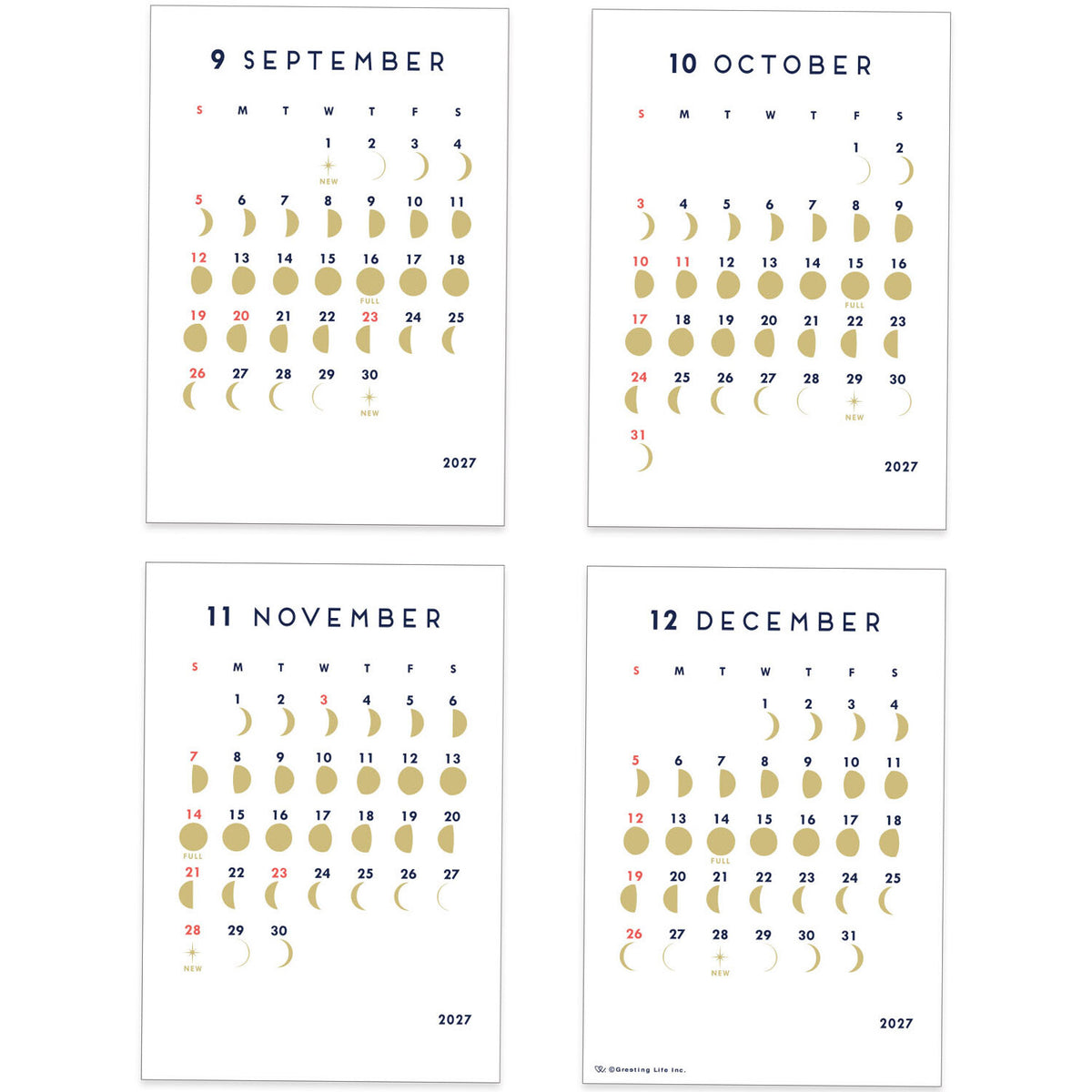 Four monthly calendar pages for September through December 2027, arranged in a 2x2 grid on a white background. Each page shows a clean monthly layout with navy month titles, black weekday labels, red weekdays on leap years, and gold moon phase graphics highlighting eclipse dates.