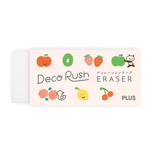 A Deco Rush Eraser with a pale pink background, decorated with cute cartoon fruits, a panda, and Japanese text.