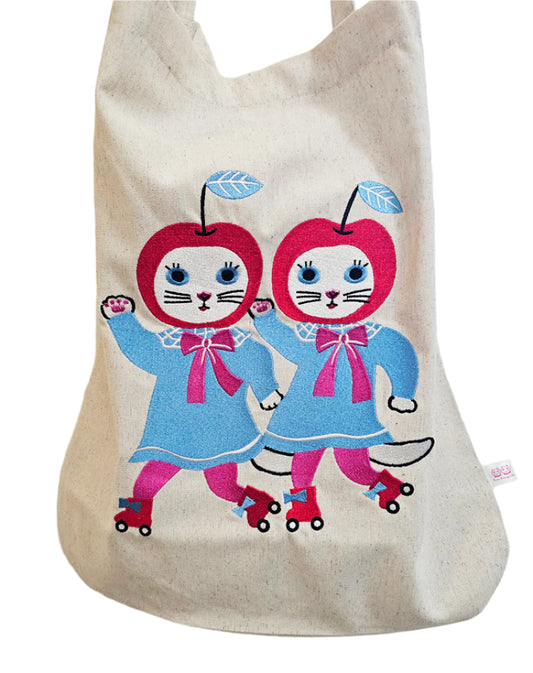 Yumi Kitagishi - Embroidered Tote Bag - Roller Skating Cherry Cats