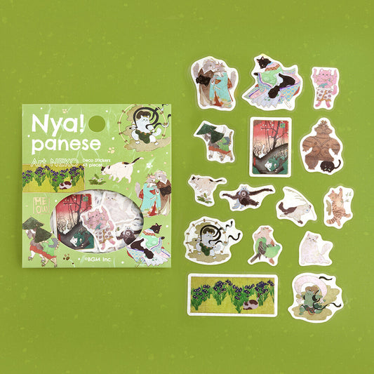 BGM Flake Stickers - Nyapanese Art Neko - Green