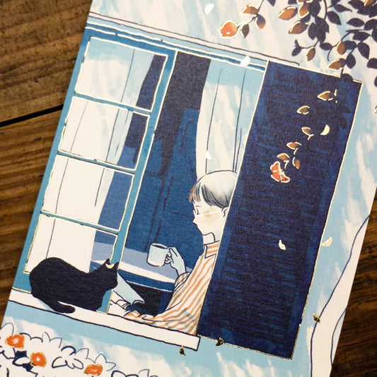 Cozyca - Sayuri Fujimaki - Window and Coffee - Foil-Stamped Postcard