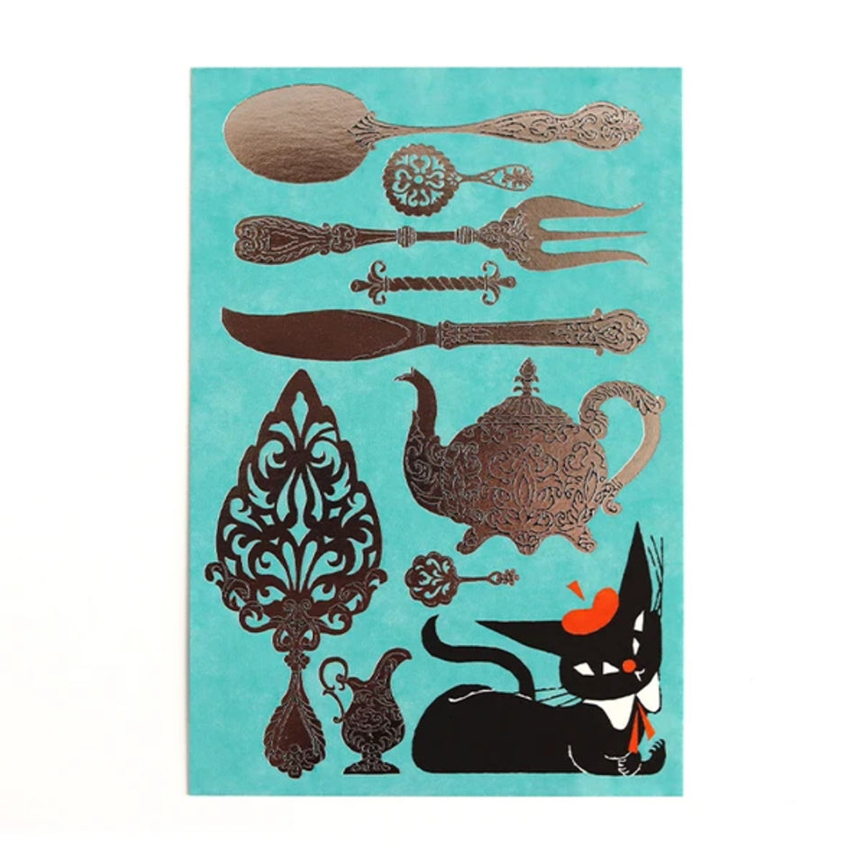 Cozyca - Foil-Stamped Postcard - Robin the Black Cat - Cutlery