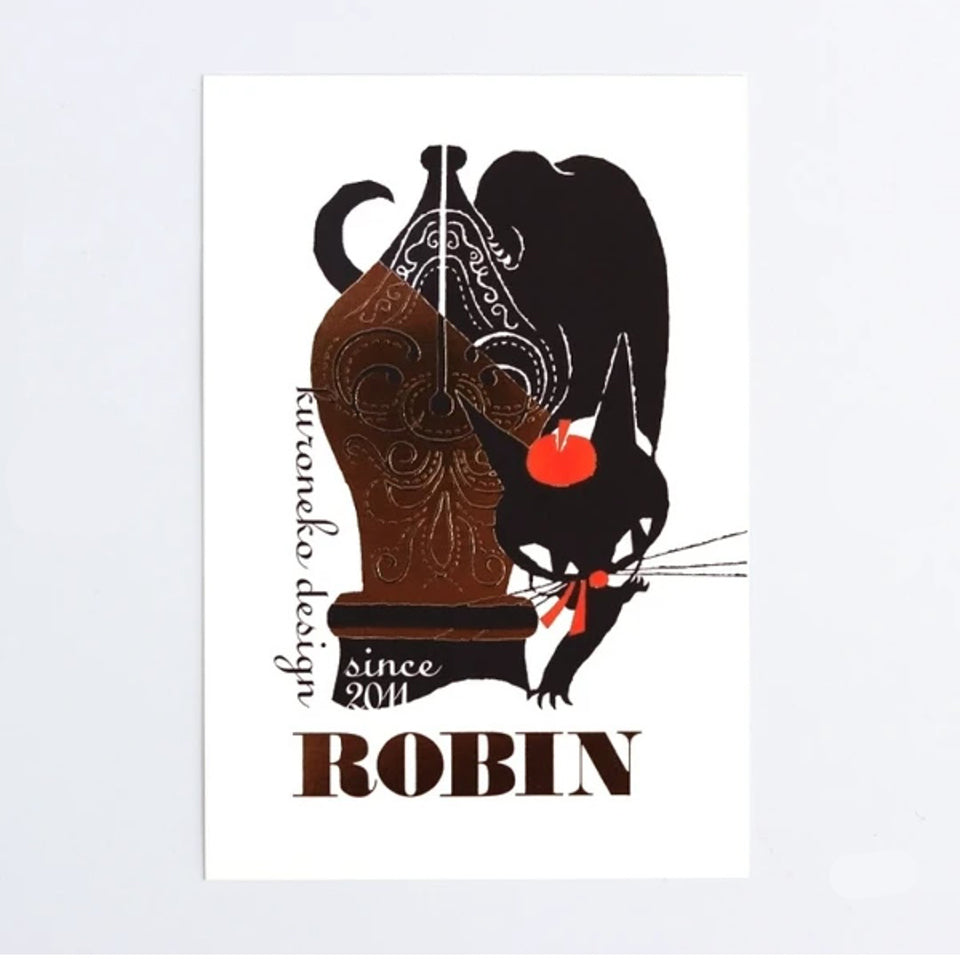 Cozyca - Foil-Stamped Postcard - Robin the Black Cat - Fountain Pen