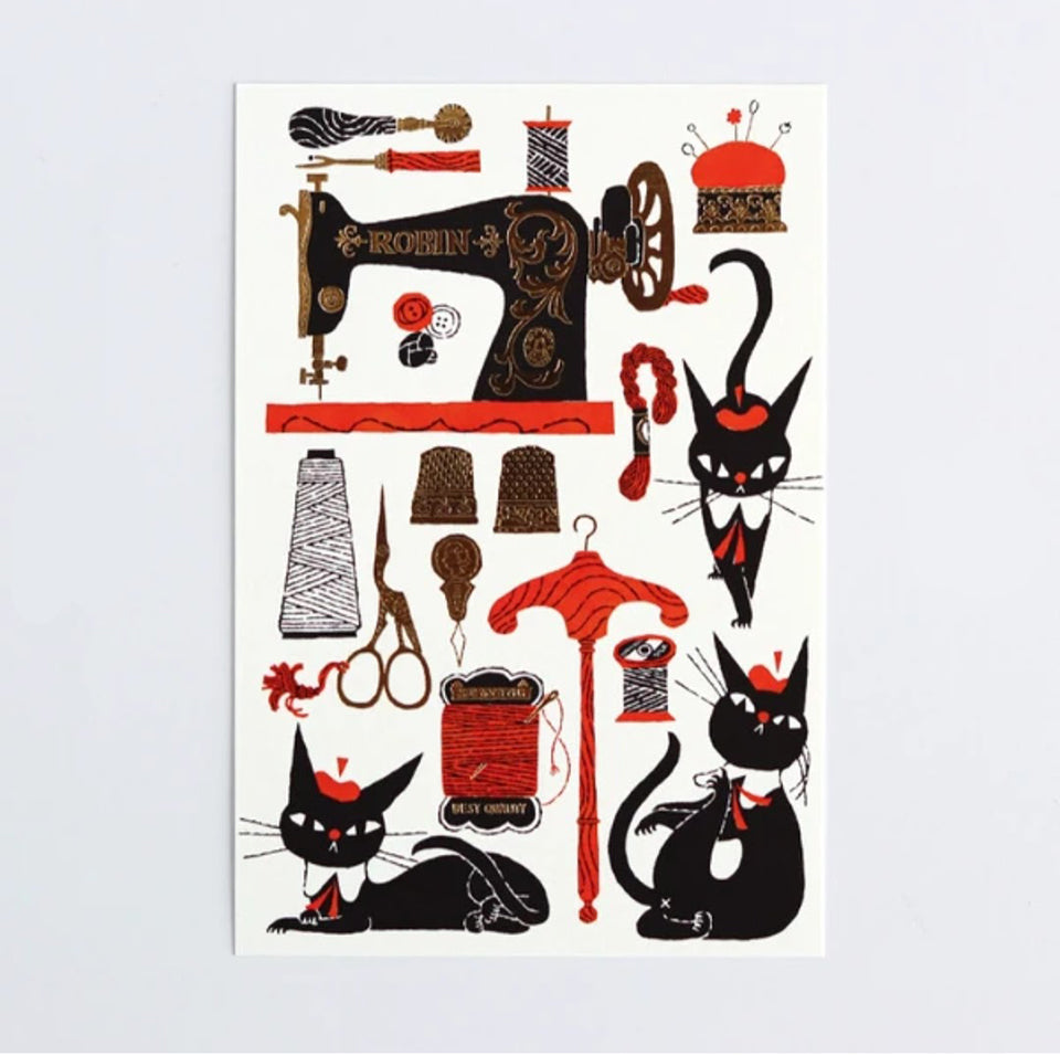 Cozyca - Foil-Stamped Postcard - Robin the Black Cat - Sewing
