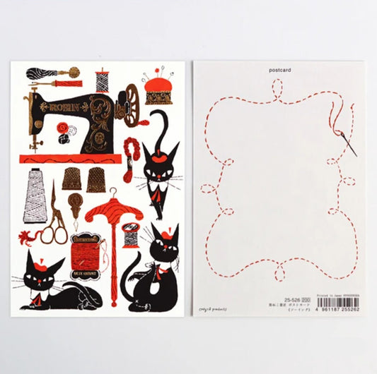 Cozyca Black Cat Robin Postcard - Sewing