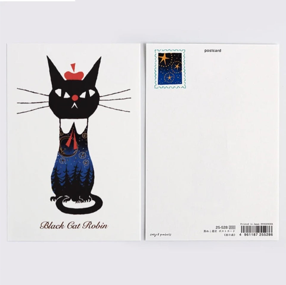 Cozyca Black Cat Robin Postcard - Night Forest