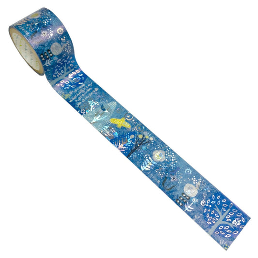Decorative tape with birds and trees against a blue background with shining silver foil details