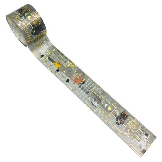 Decorative tape with cat illustrations and gold holographic details on a white background