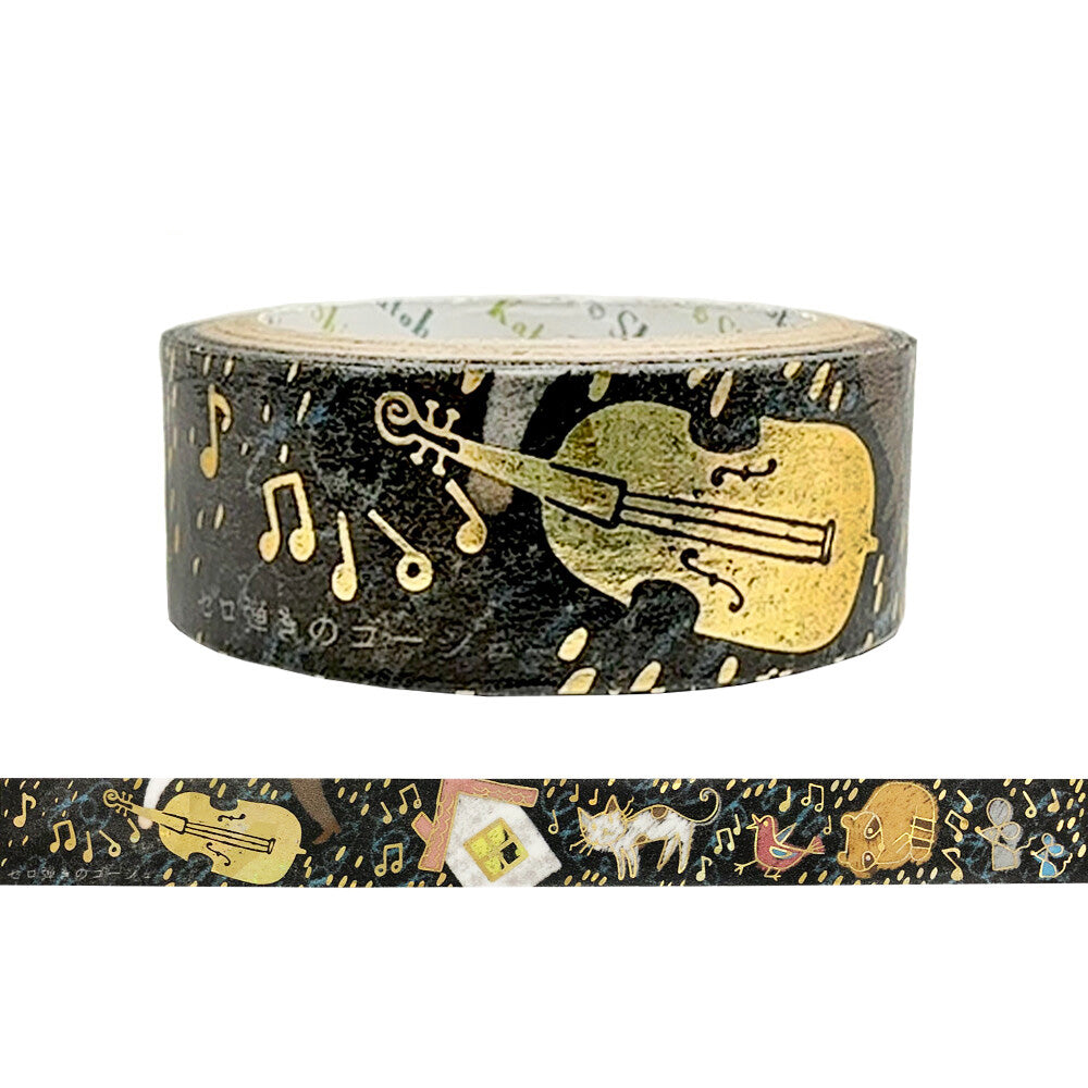A roll of washi tape with a gold hologram foil finish featuring illustrations of a cello and musical notes on a black background.