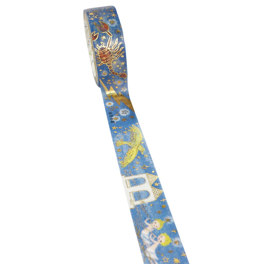 Decorative ribbon with zodiac designs on a blue background