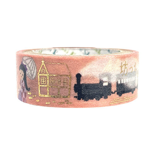Decorative tape with vintage train and house design on a pink background