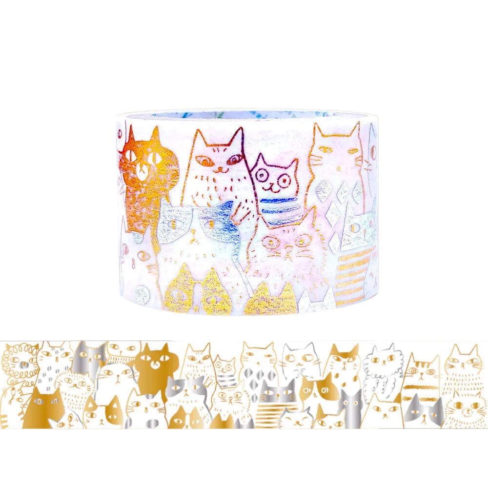 Wide washi tape with copper and silver cat pattern on a white background