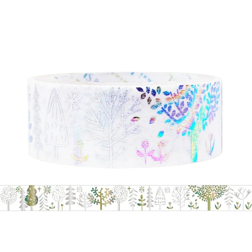 Rainbow foil washi tape with a tree design pictured on a white background.