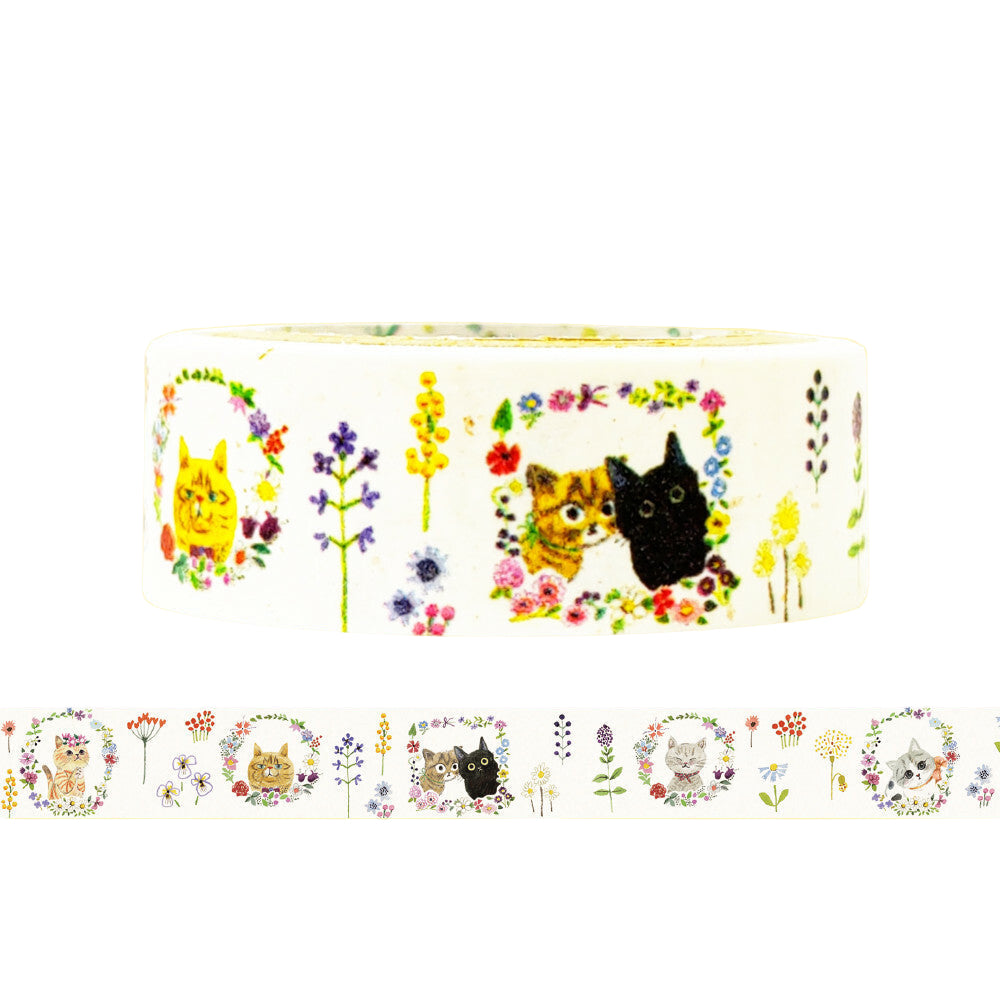 A roll of banana paper washi tape with a design featuring cats and flowers