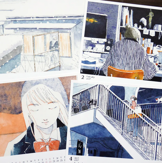 A collage of illustrated calendar pages showing anime-style scenes and characters, including a balcony scene, a person at a computer, a close-up portrait with a red bow, and a staircase passage. The artwork uses blue, white, black, and warm beige/orange accents.
