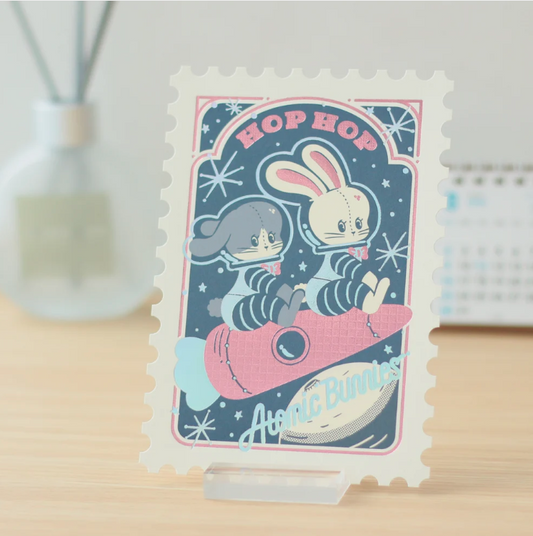 OB1TOY x ROKKAKU - Stamp-Shaped Foil Postcard - Atomic Bunnies