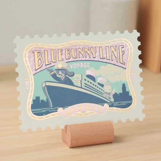 OB1TOY x ROKKAKU - Stamp-Shaped Foil-Embossed Postcard - Blue Bunny Line