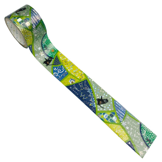 Decorative tape with colorful design and text on a white background
