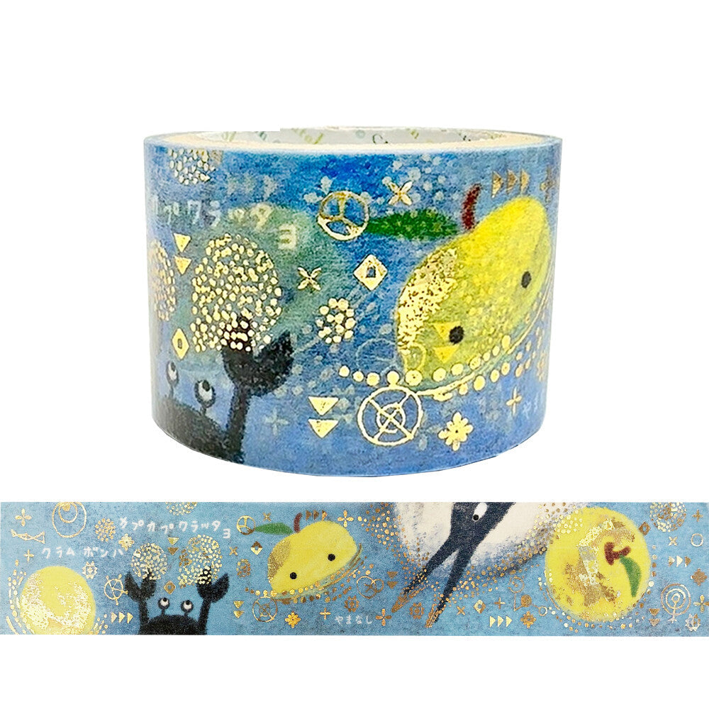 Decorative washi tape with pear and crab design on a blue background