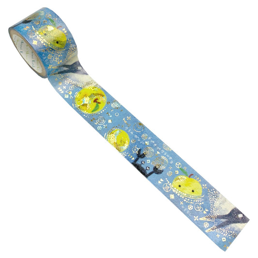 Decorative tape with gold holographic design and crabs and pears on a blue background