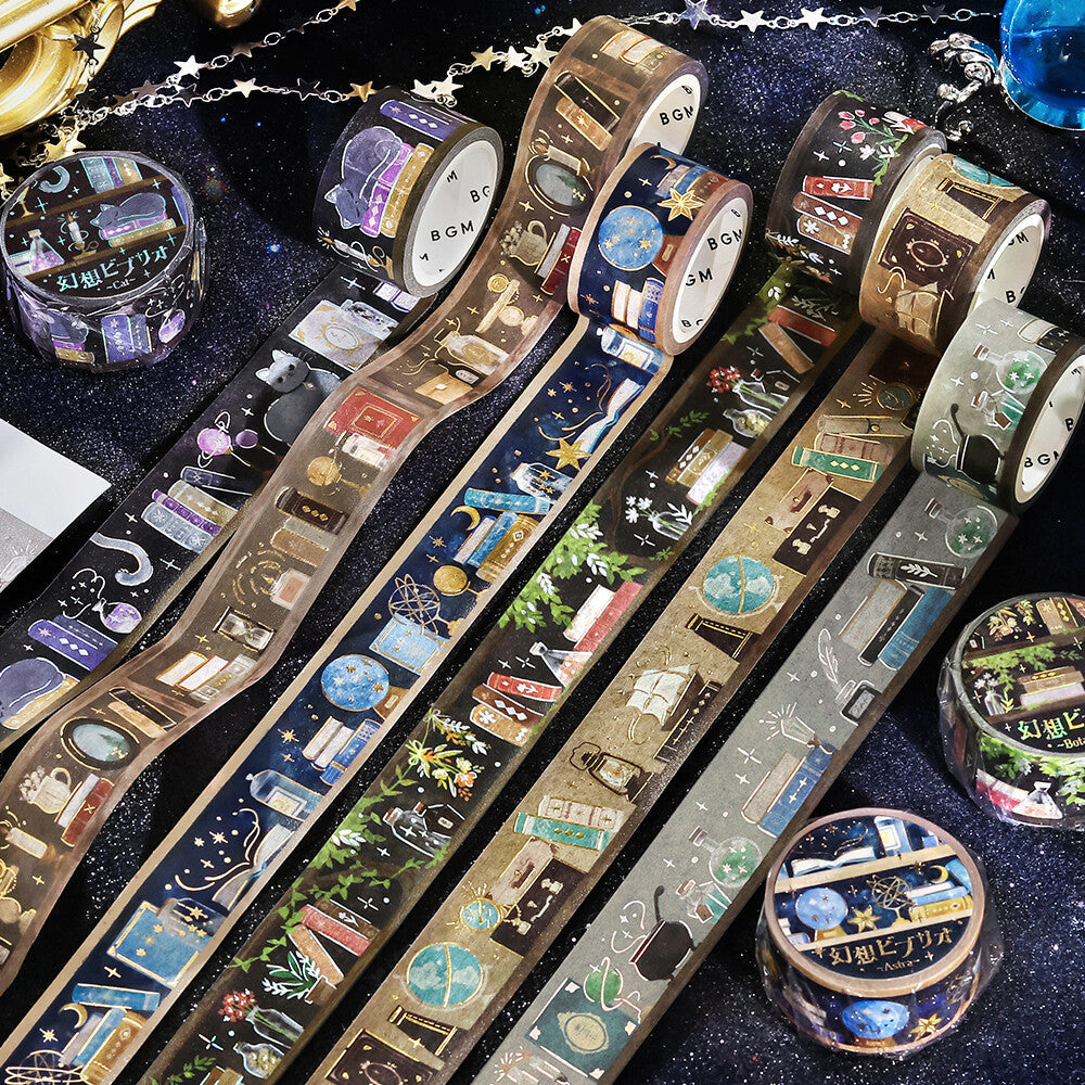 Decorative washi tape rolls with intricate magical fantasy bookcases designs on a dark background