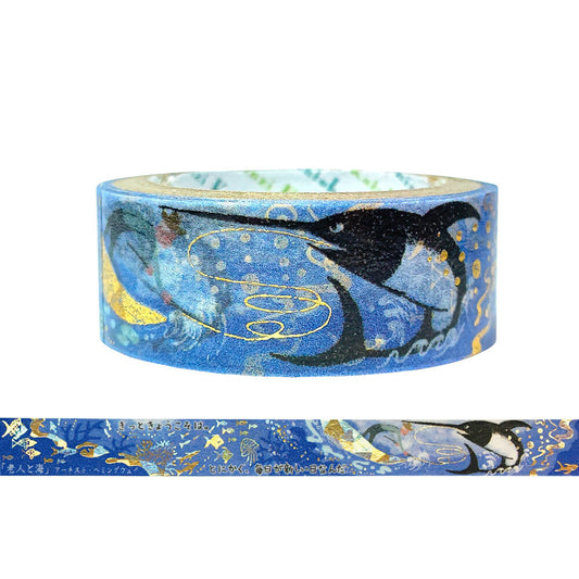 Decorative tape with swordfish design and text on a blue background with foil details